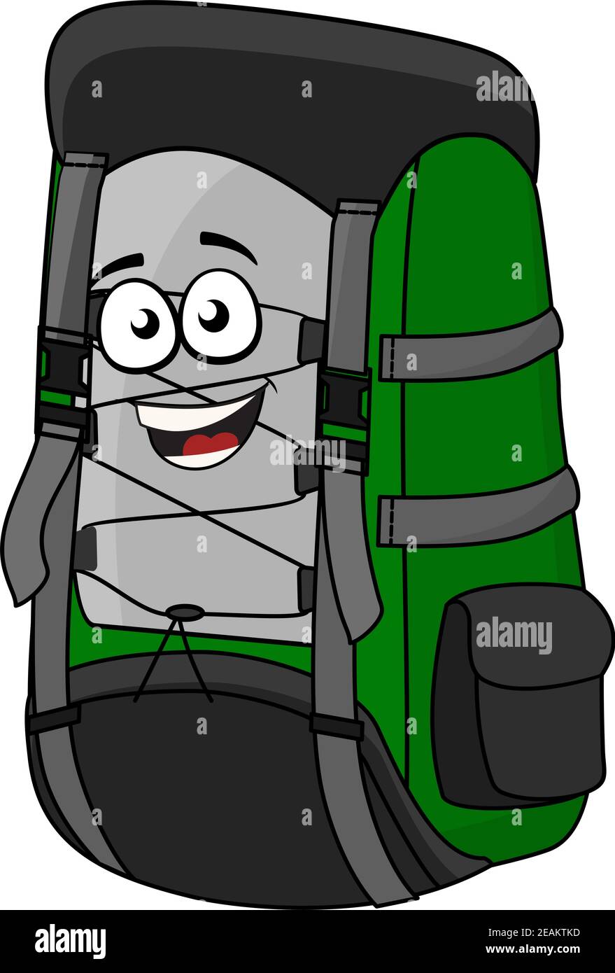 Green cartoon rucksack or backpack with a big happy laughing smile for hiking and adventure isolated on white Stock Vector