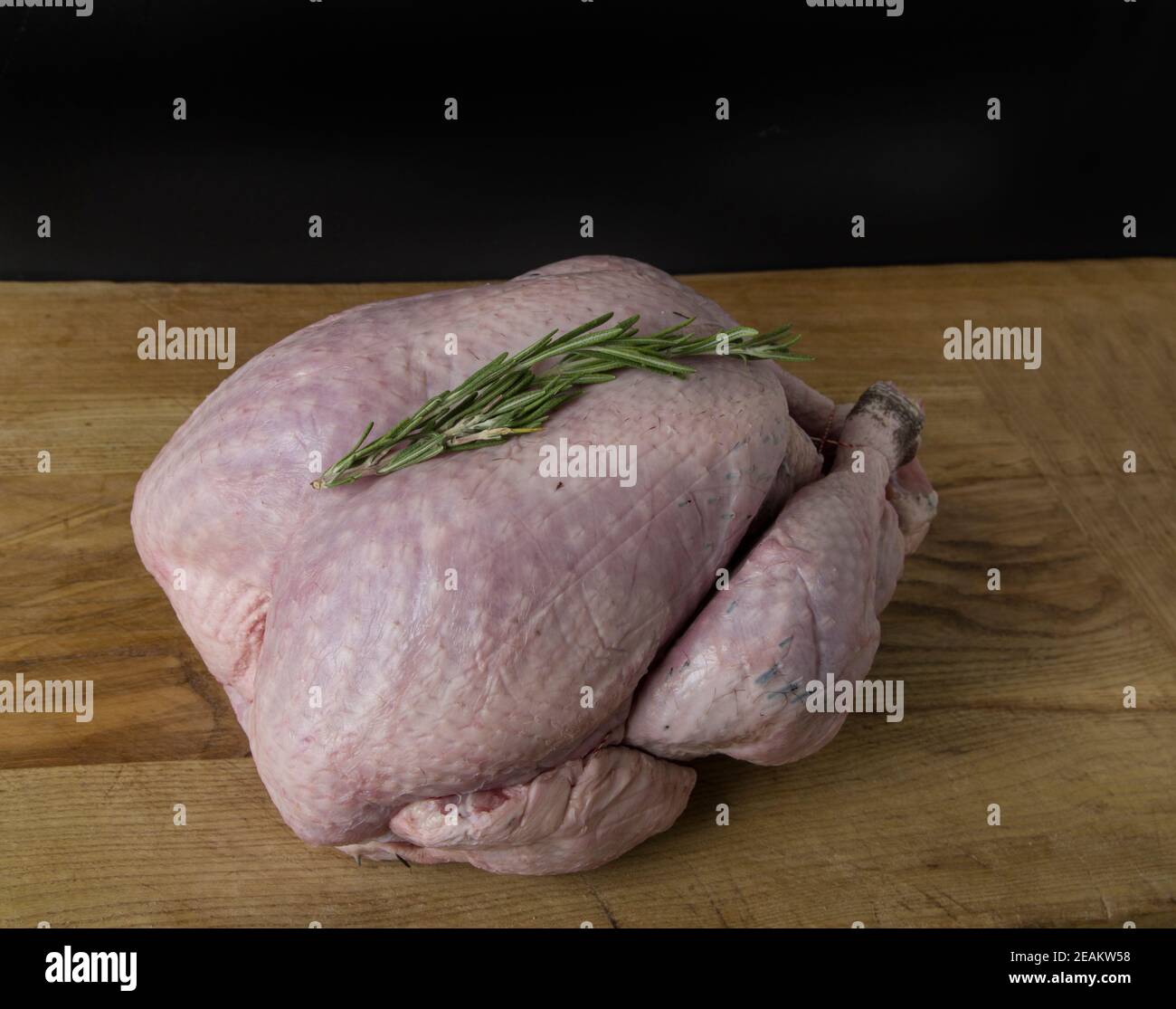 trussed raw turkey photographed on a wooden cutting board with a black background Stock Photo