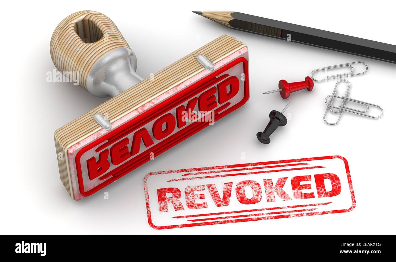 Revoked. The stamp and an imprint. Wooden stamp and red imprint REVOKED on white surface. 3D illustration Stock Photo
