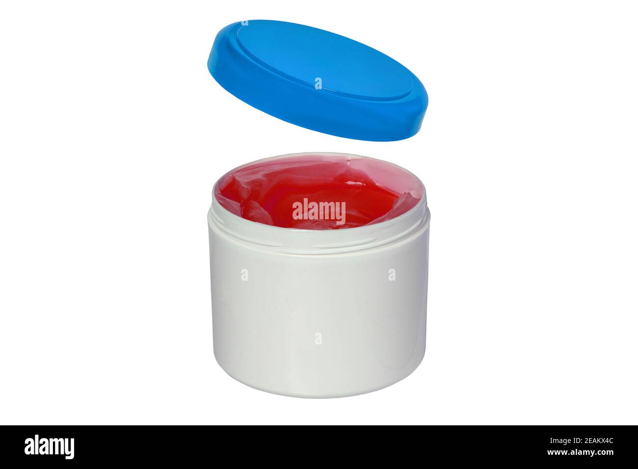 Closeup of a opened white plastic jar or container for cosmetic gel or cream with a blue cap isolated on a white background. Empty space. Macro. Stock Photo