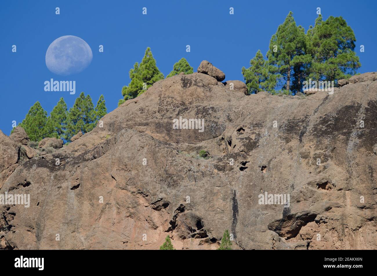 Cliff and moon in The Nublo Natural Monument. Stock Photo