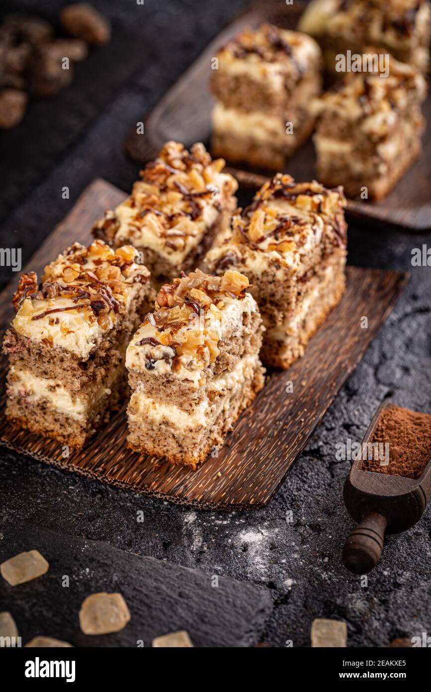 Two layered walnut cake dessert Stock Photo