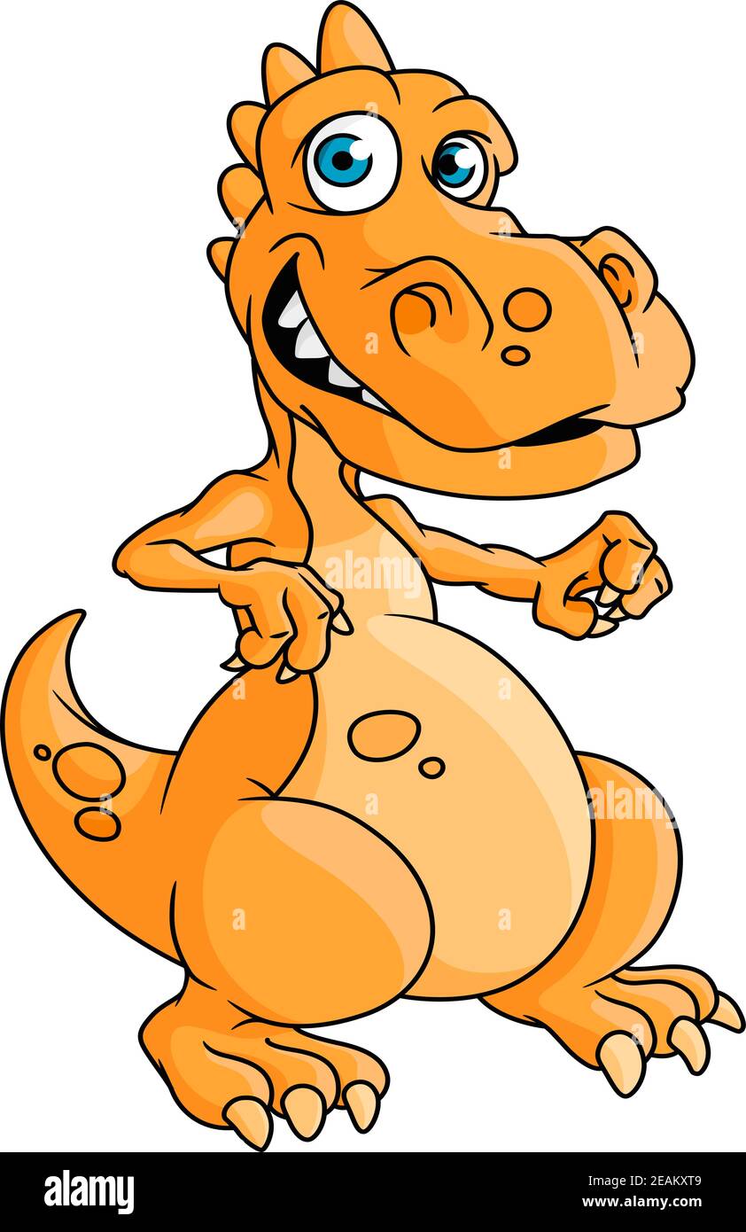 Cute orange cartoon dragon with blue eyes and a toothy smile standing