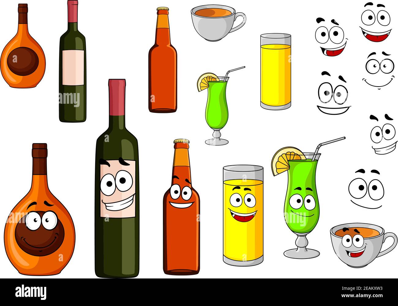 Beverage icons with a bottle of wine, tropical cocktail, liqueur, fruit juice, beer bottle and cup of coffee with happy cartoon smiling faces Stock Vector