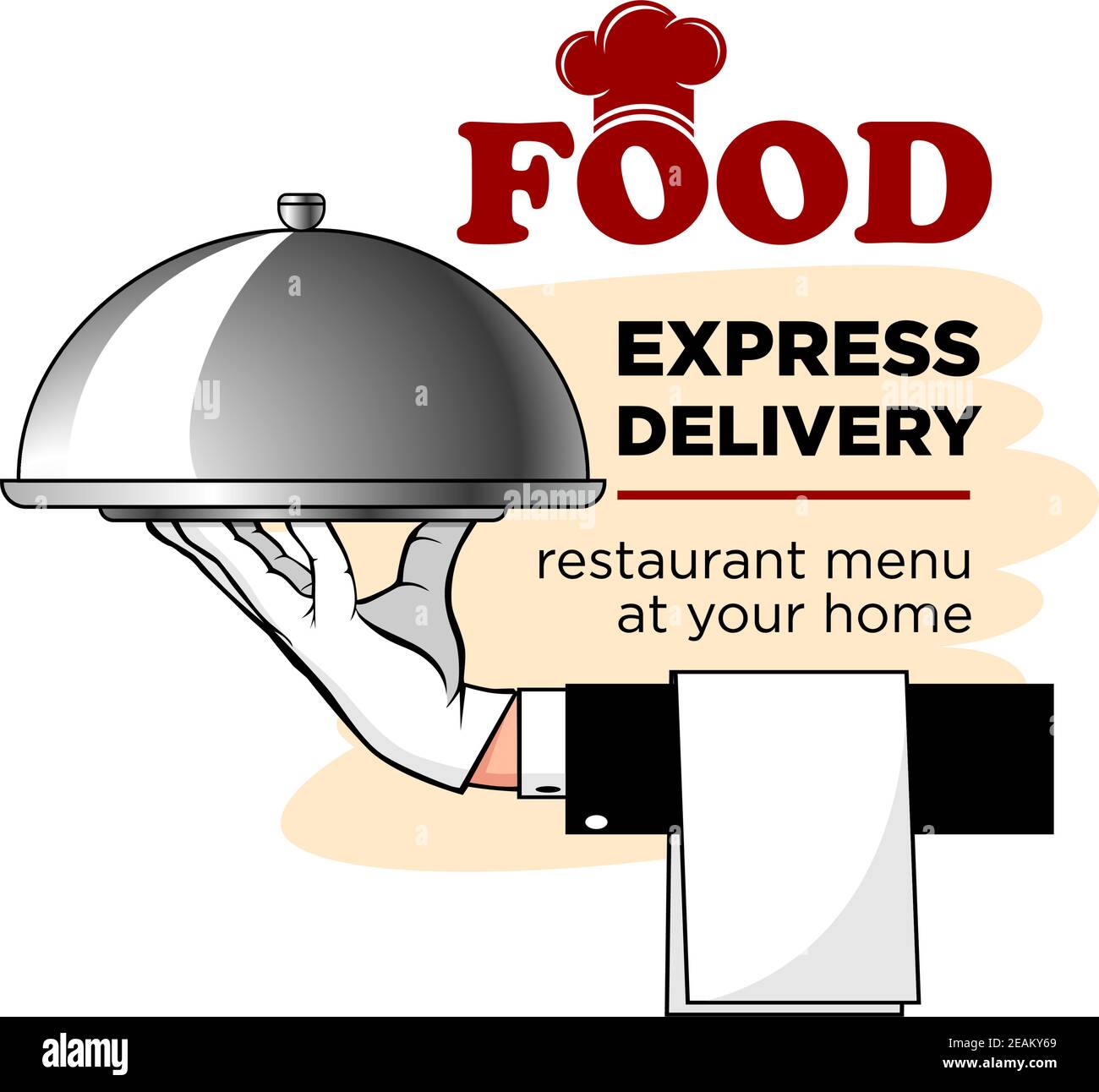 Express delivery of restaurant food. Waiter's hand with a dish of food and a towel. Vector template Stock Vector