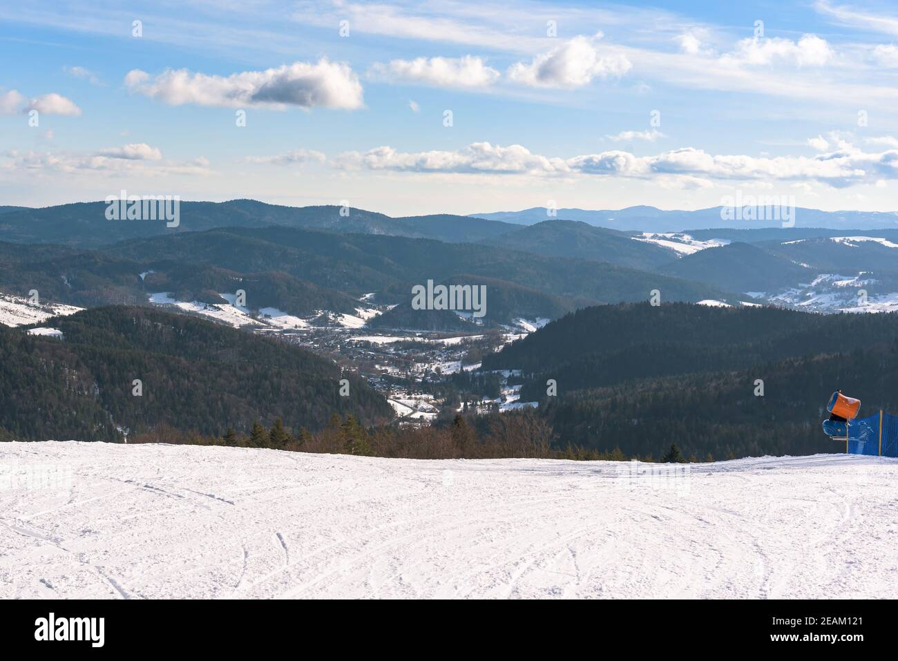 Beskid mountains seen from Jaworzyna Krynicka ski slope Stock Photo
