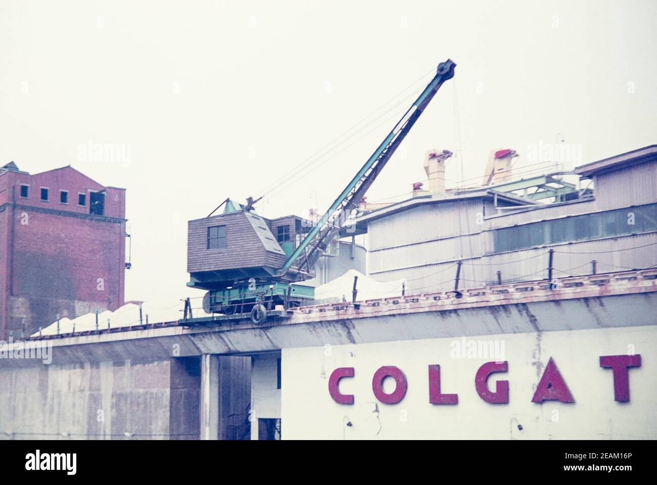 1973 Manchester Salford -  Colgate Palmolive Factory, Colgate, which produced toothpaste, Ajax detergent, and Palmolive dishwasher liquid, was a key employer near the docks on Ordsall Lane, the site of the factory was turned into the Soapworks at Salford Quays. Salford, Greater Manchester, England, GB,UK,Europe Stock Photo