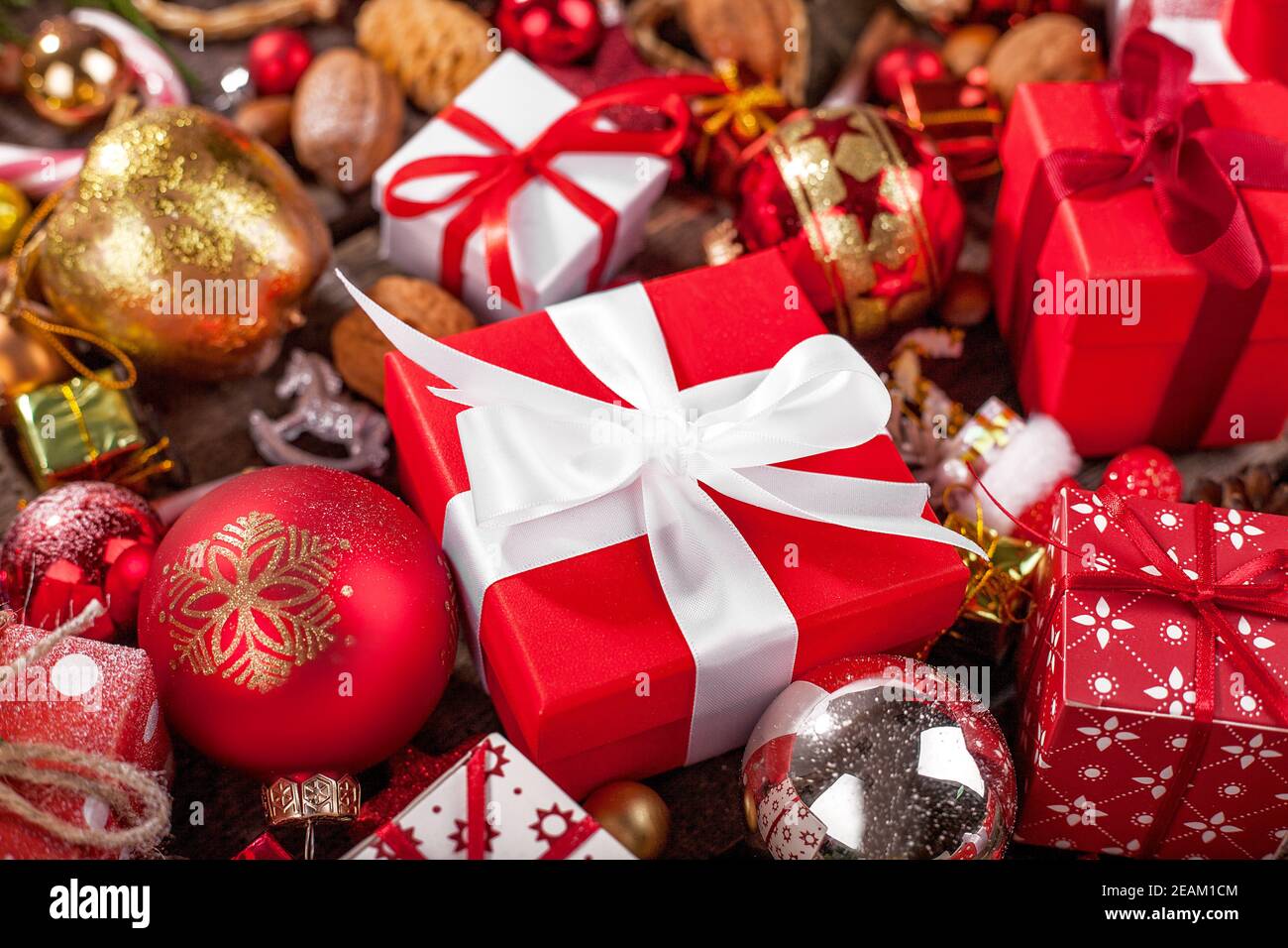 Handmade wrapped christmas gift boxes on celebrate background Stock