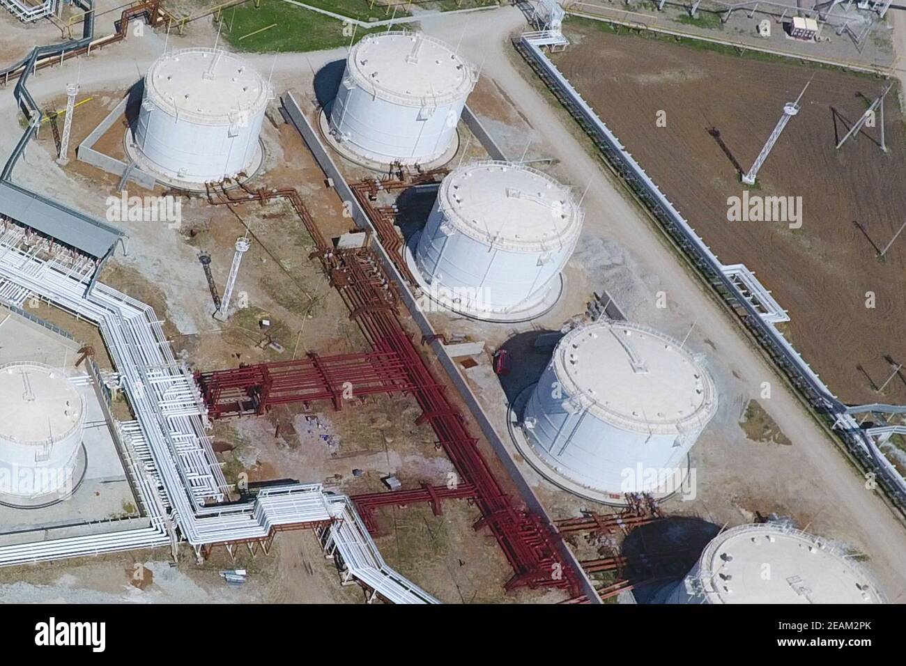 Reservoirs for storage of oil and products of its processing. Refinery. Stock Photo