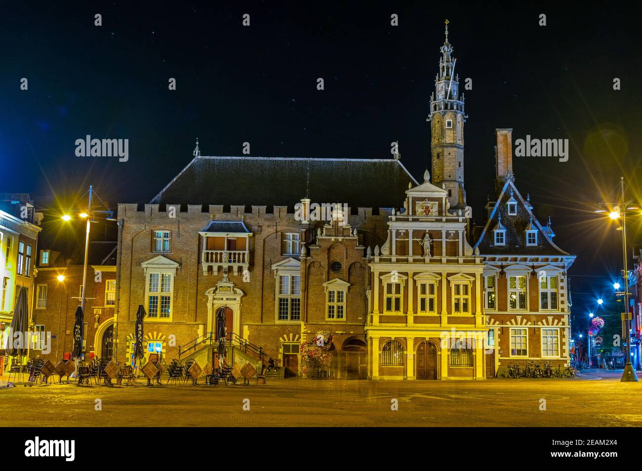 Night view of the town hall in the center of Haarlem, Netherlands Stock Photo
