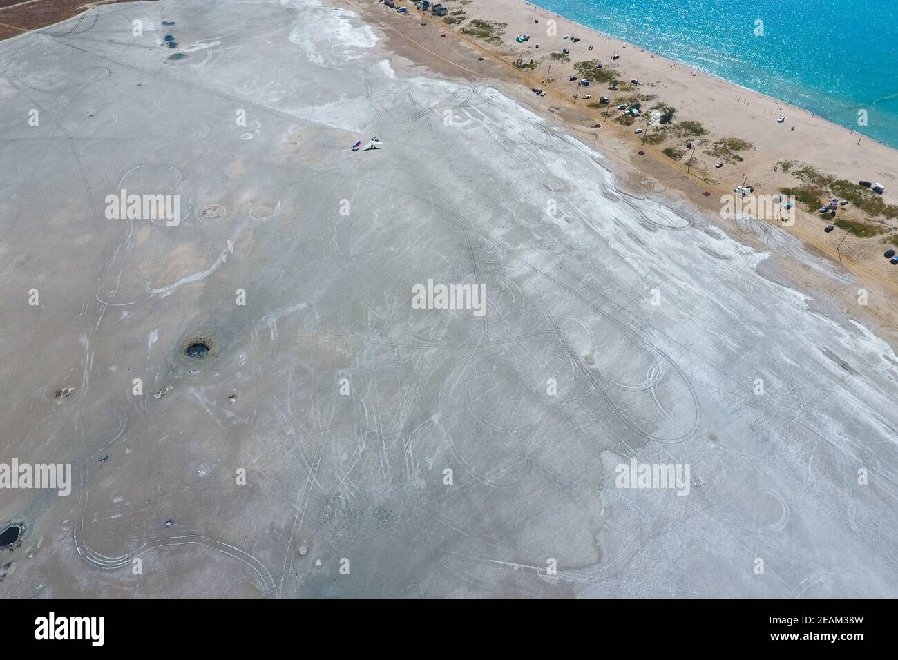 Top view of the salt lake mud sources. External similarity with craters. Mud healing springs Stock Photo