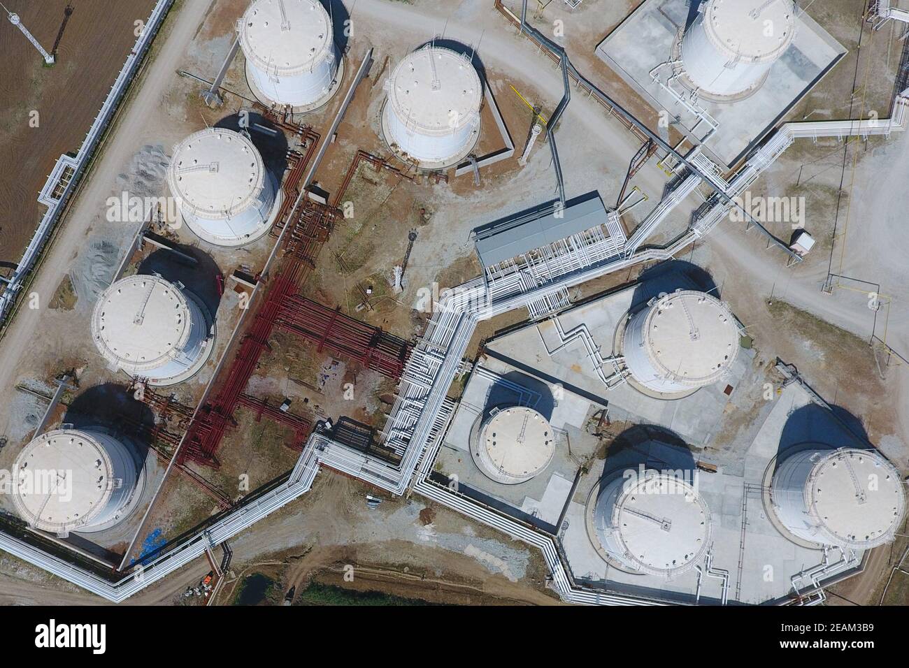 Reservoirs for storage of oil and products of its processing. Refinery. Stock Photo