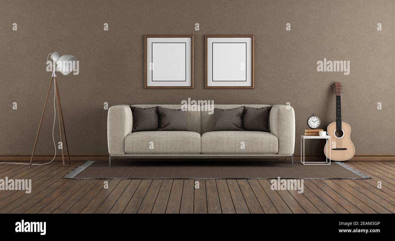 Minimalist living room with brown wall and modern sofa Stock Photo