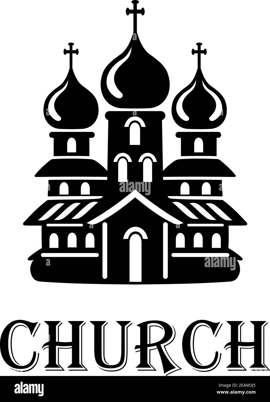 Black and white church icon with the front facade of a church with three onion domes with crosses and the word - Church - below Stock Vector
