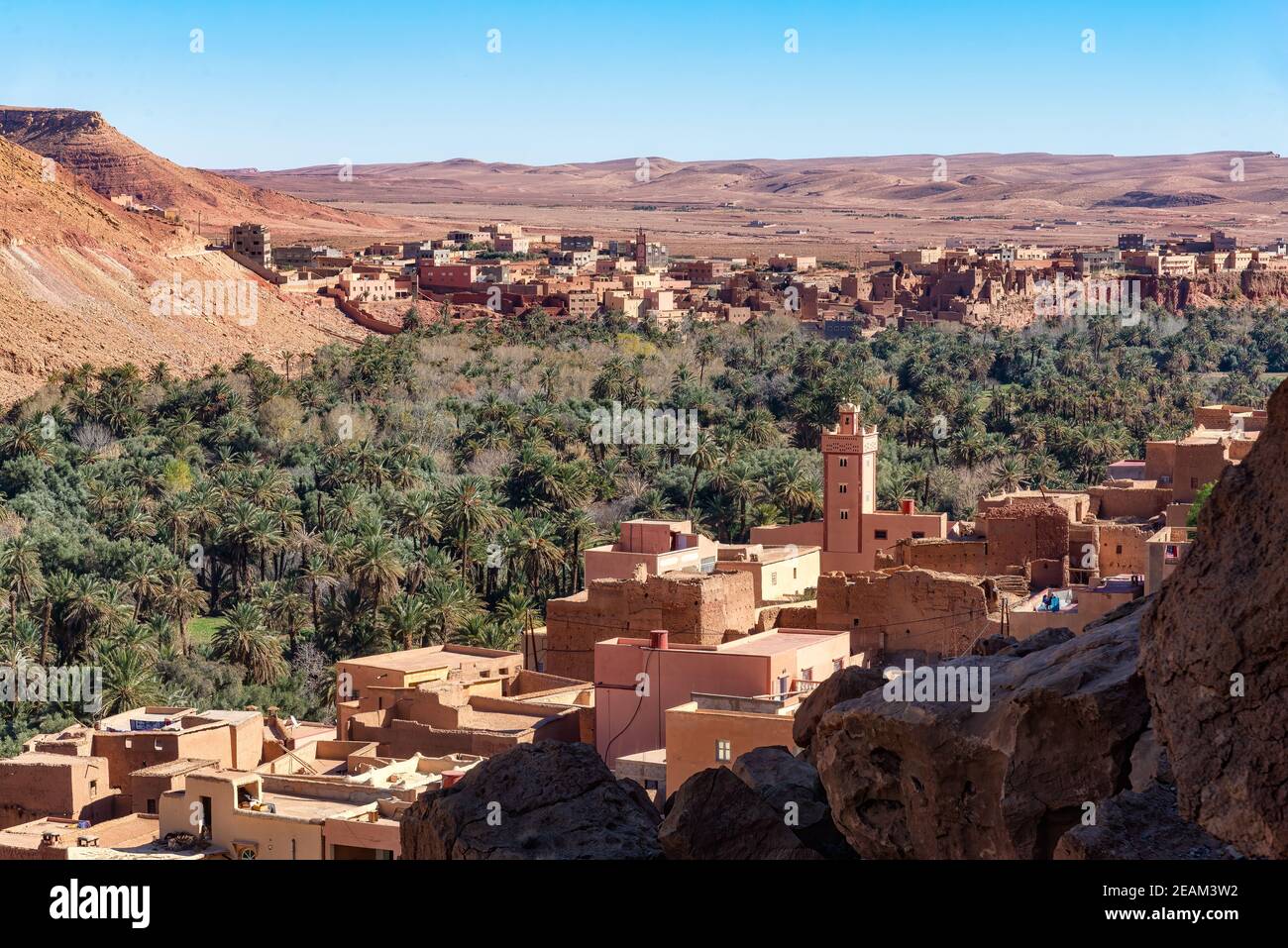 The Tinghir Oasis near Ait Ijjou, with the town of Tagounsa in background. Tinghir is one of the most attractive oasis in southern Morocco Stock Photo