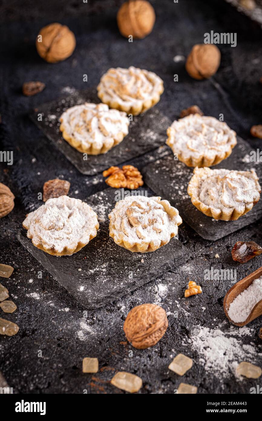 Delicious Tartlets Filled With Walnut Cream Stock Photo Alamy