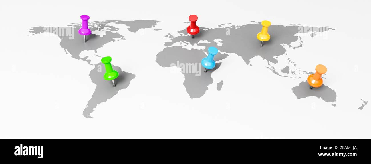 Colorful Pushpins on World Map Stock Photo - Alamy