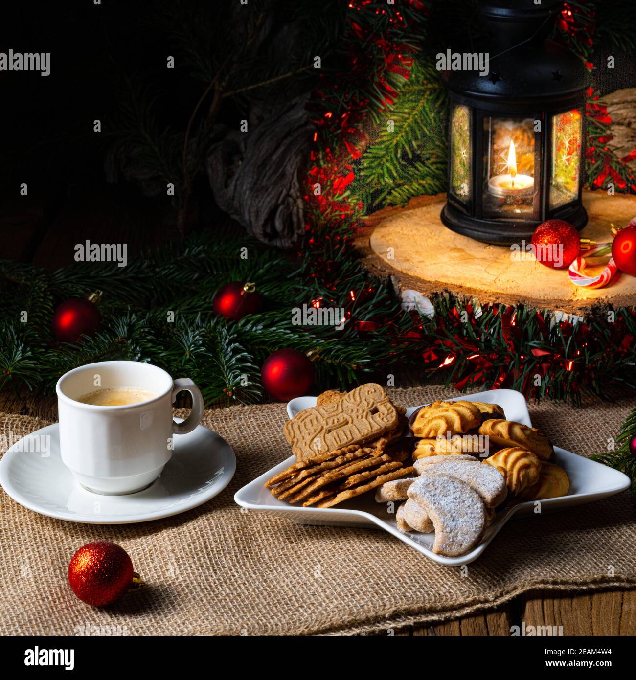 Different types of biscuits with rustic Christmas decorations Stock Photo