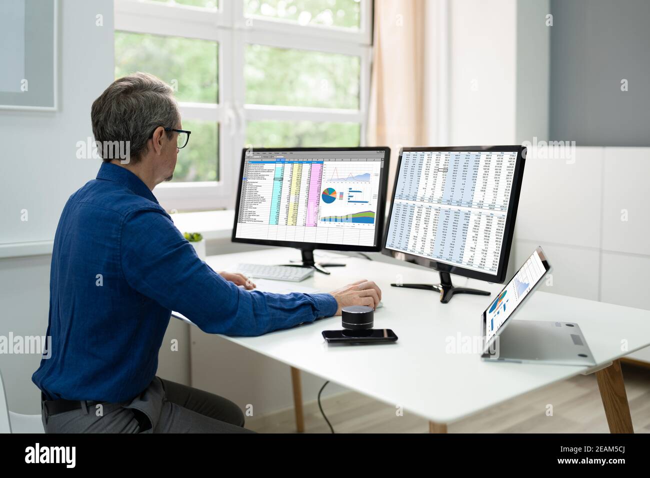 Analyst Employee Using Spreadsheet Software Stock Photo