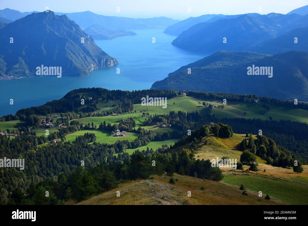 View from Mount Colombina to Lake Iseo and Corna Trentapassi. Bossico, Bergamo, Lombardy, Italy. Stock Photo