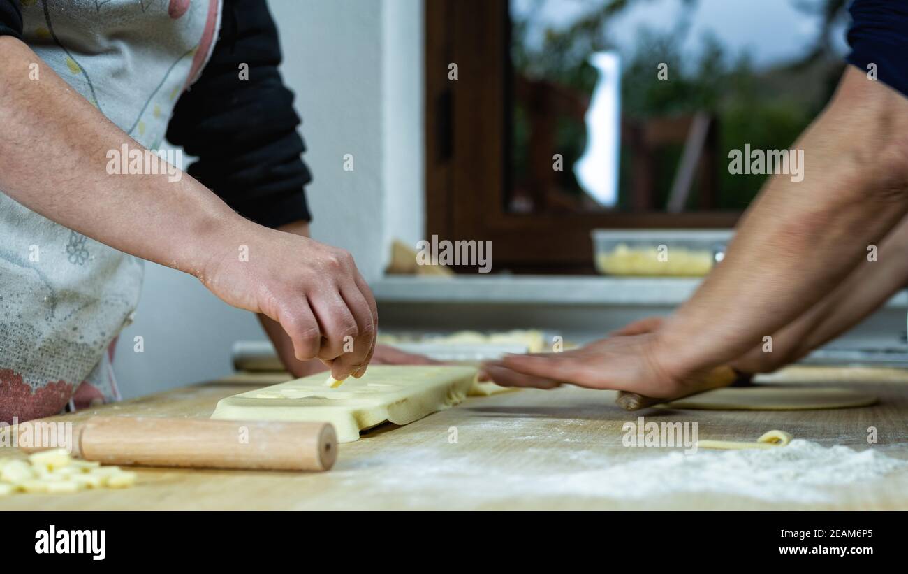 Hand-made pasta for cheese ravioli. Italian cuisine. Stock Photo