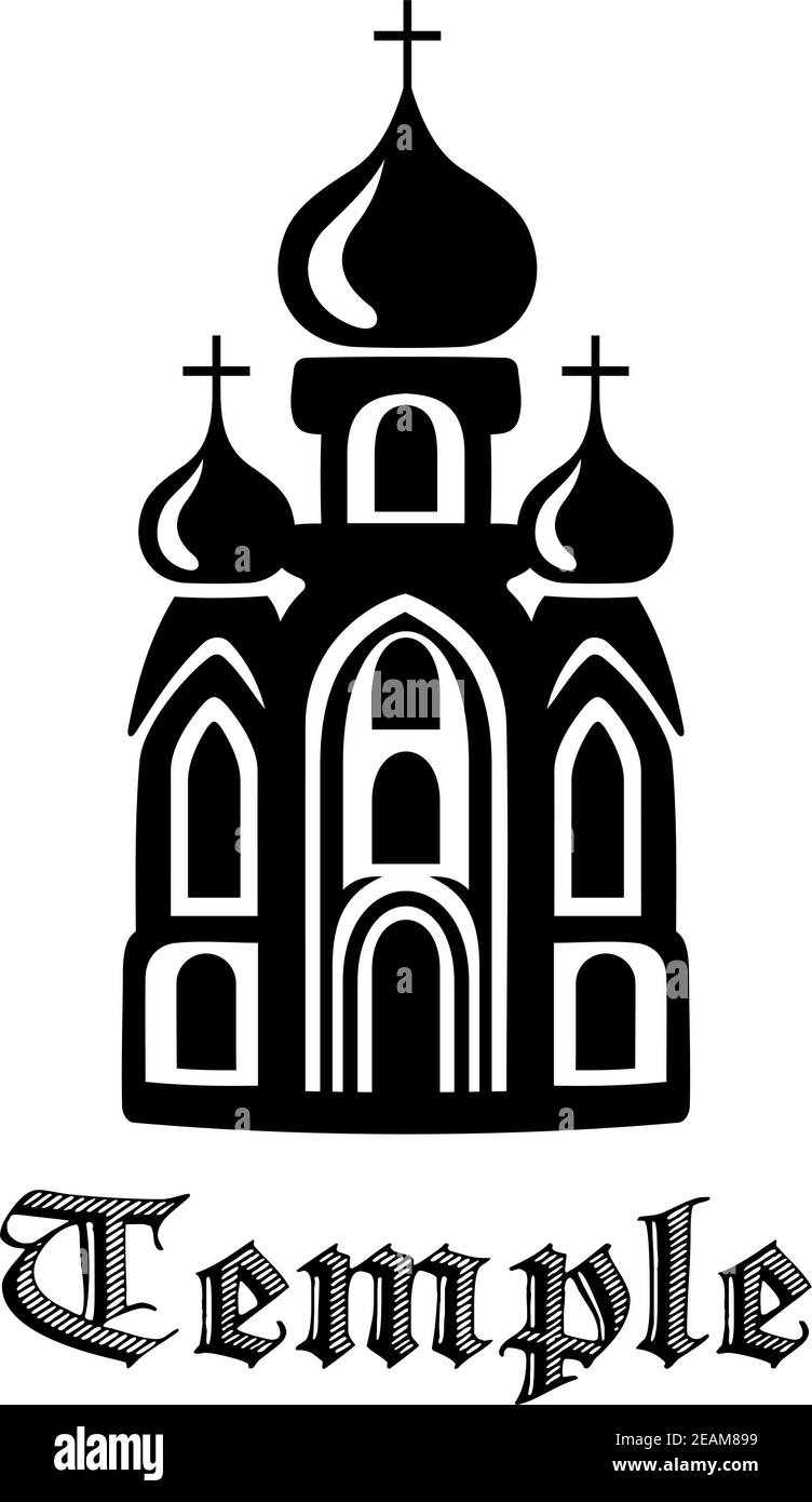 Black and white silhouette Temple icon with with the front facade of the building with three onion domes and the text - Temple - beneath Stock Vector
