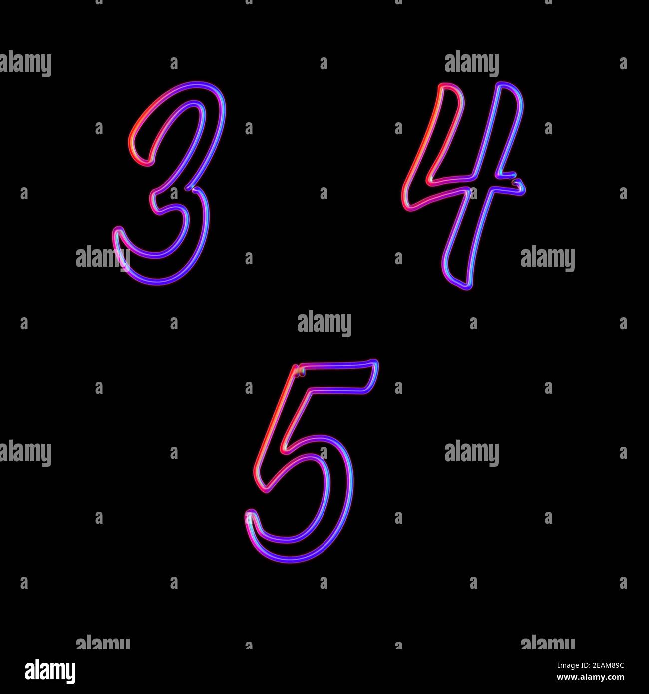 3D rendering of glowing neon digits - digits 3-5 Stock Photo