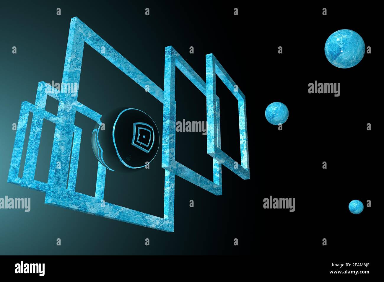 3d frame objects and spheres hanging in a dark space Stock Photo
