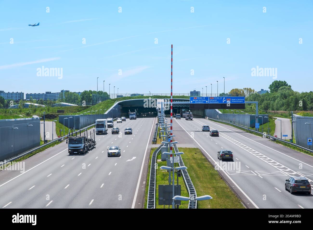 Modern dutch deepened highway A4 with land tunnel, named the Kethel Tunnel, in the direction of Rotterdam Netherlands. Stock Photo