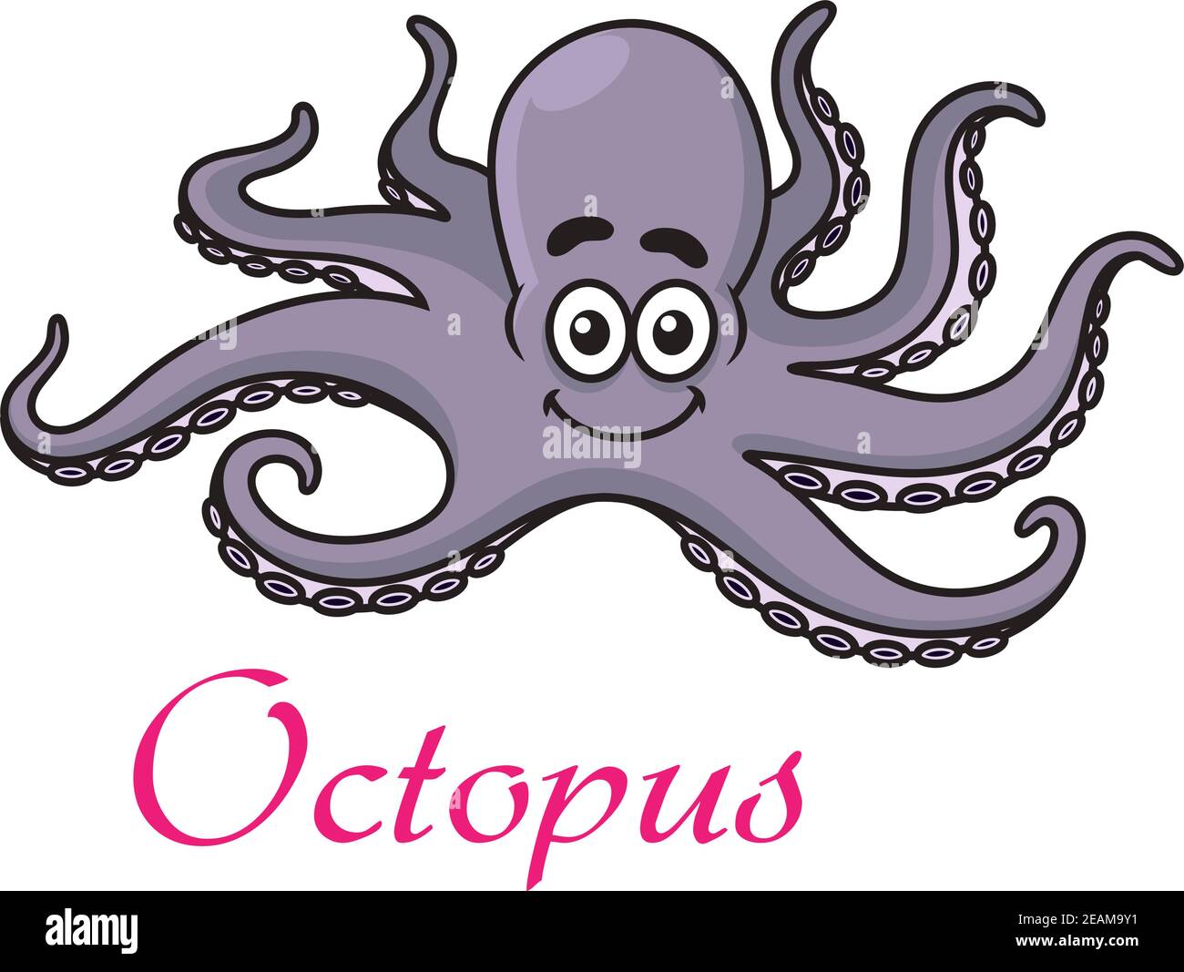 Cute cartoon octopus with a happy smiling face and waving tentacles on white with the text - Octopus - below Stock Vector