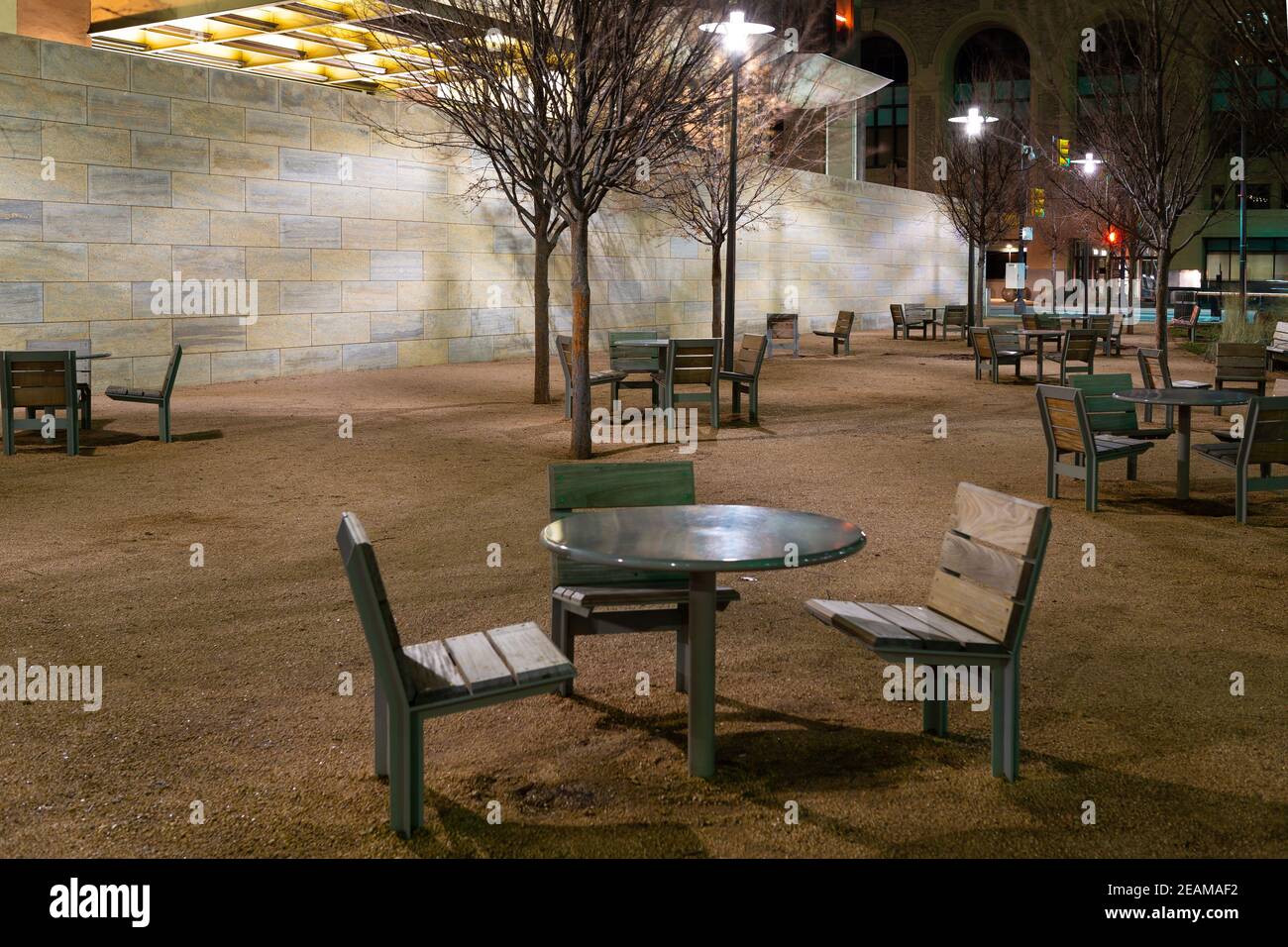 Outdoor seating area at night in Dallas, Texas Stock Photo