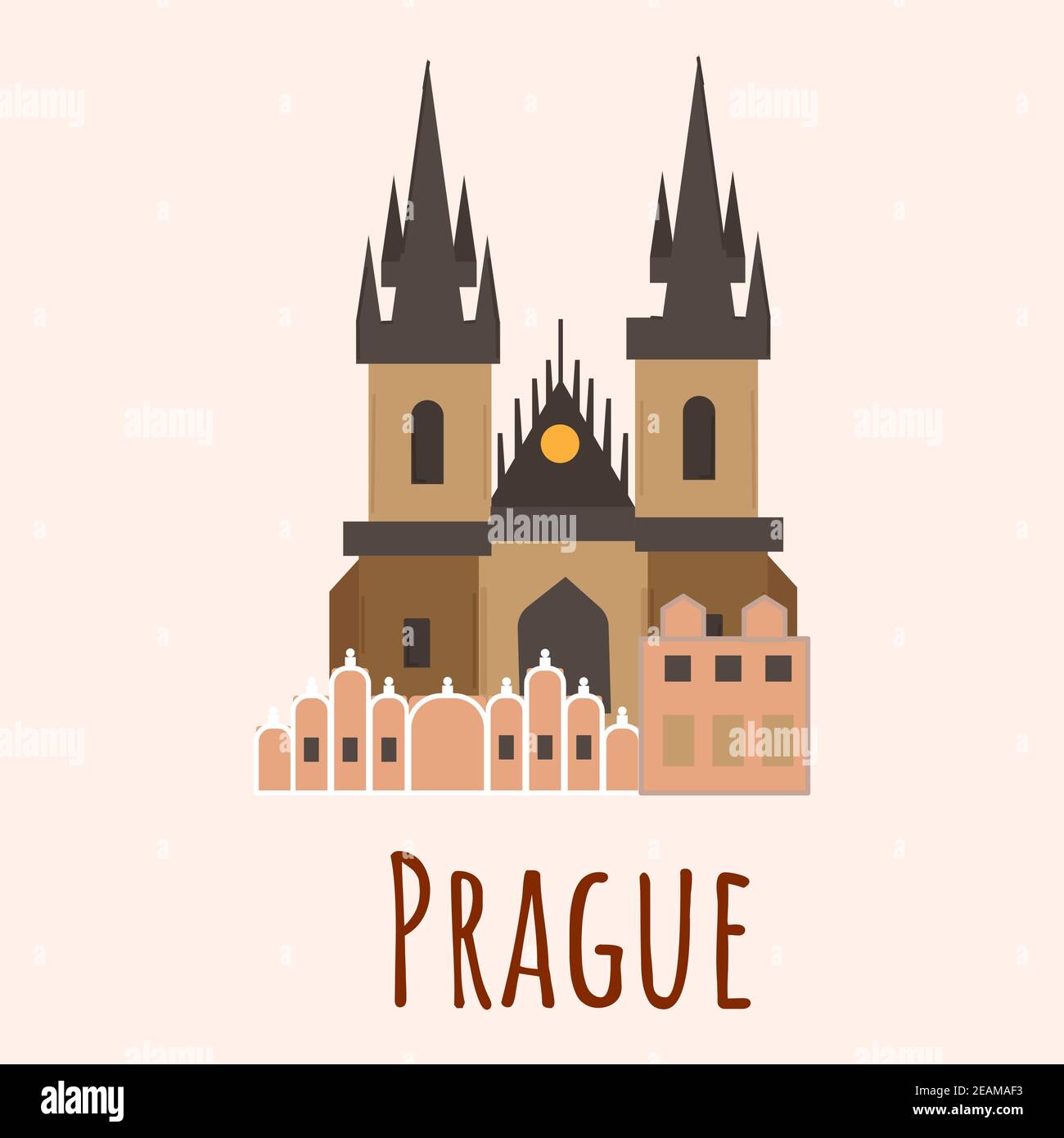 Cartoon flat Church of the Virgin Mary before Tyn in Prague. Symbol of Czech. Vector flat illustration isolated on white background Stock Vector
