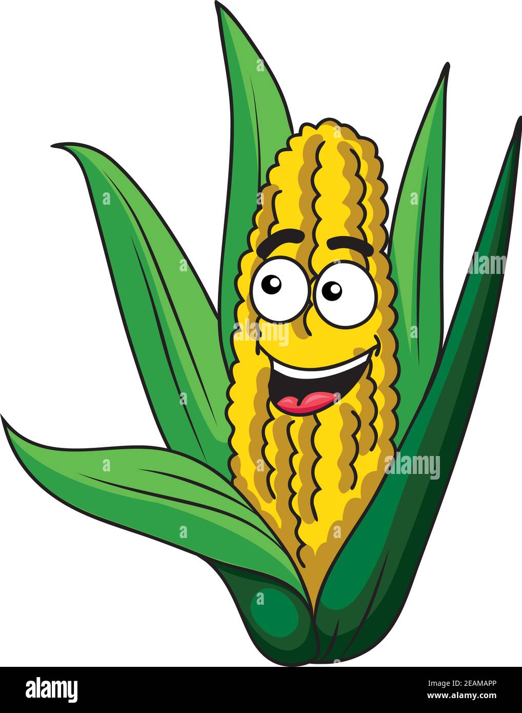 Fresh happy healthy corn on the cob with green leaves and a happy
