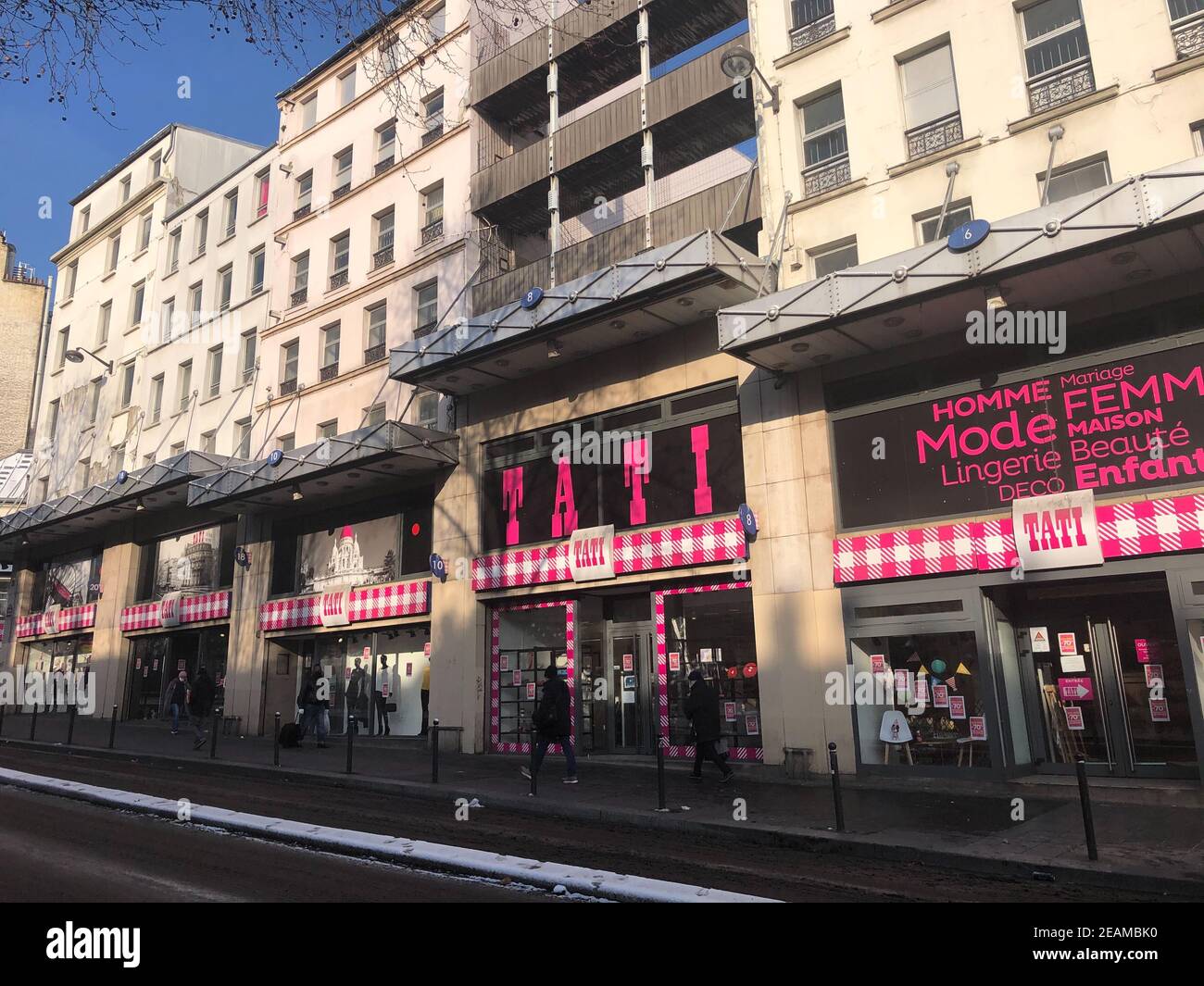 10 February 2021, France, Paris: The Tati department store in the 18th  arrondissement of Paris. The historic house on the Boulevard de  Rochechouart with an area of 6500 square meters is now