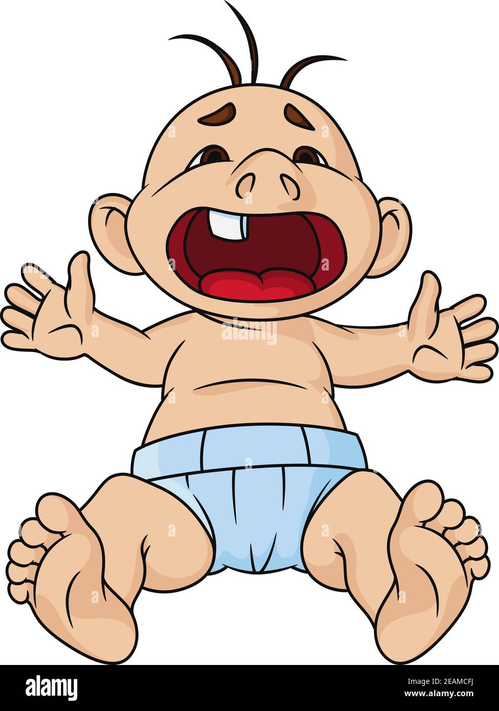Screaming baby having a temper tantrum with a wide open mouth with a single tooth, cartoon style Stock Vector