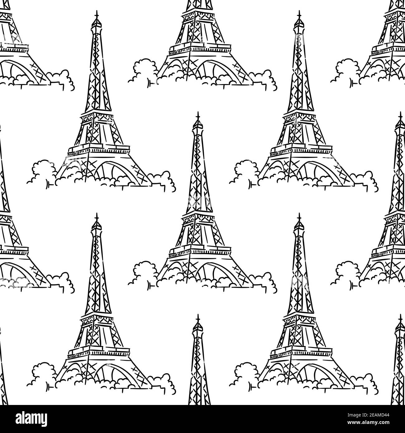 Eiffel Tower seamless background pattern with a black and white delicate outline illustration in a repeat motif in square format Stock Vector