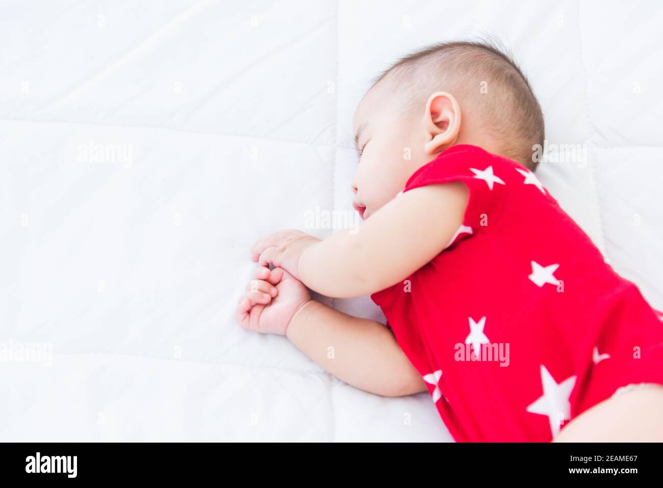 newborn little baby sleeping on white bed at home Stock Photo Alamy