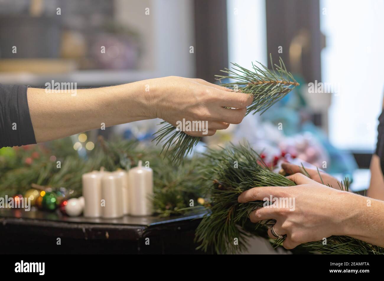 Woman's hand gives a pine twig to another woman who is preparing Christmas decorations Stock Photo