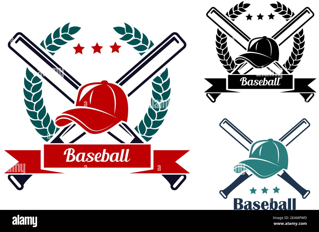 Baseball symbols with laurel wreath, crossed bats and caps for sports