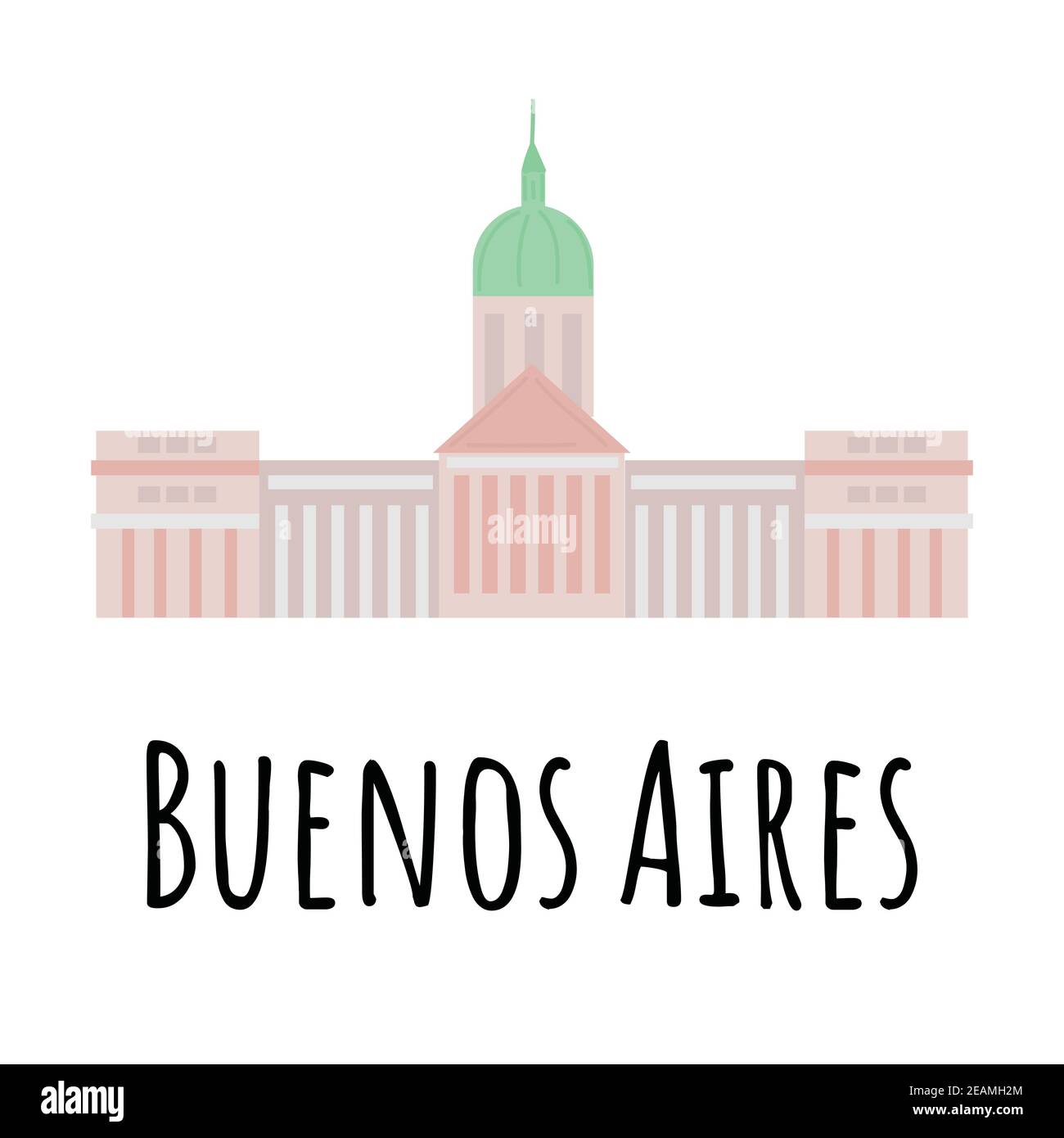 Hand drawn flat The Palace of the Argentine National Congress (Palacio del Congreso) is a seat of the Argentine National Congress in Buenos Aires, Arg Stock Vector
