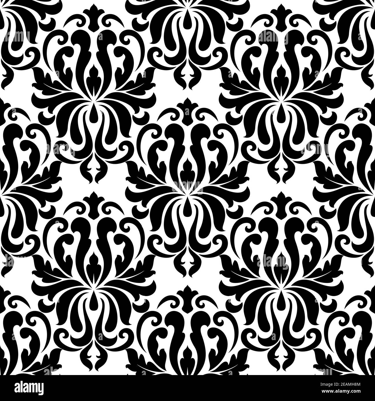 Seamless bold black colored floral arabesque pattern in damask style motifs suitable for wallpaper, tiles and fabric design isolated over white colore Stock Vector