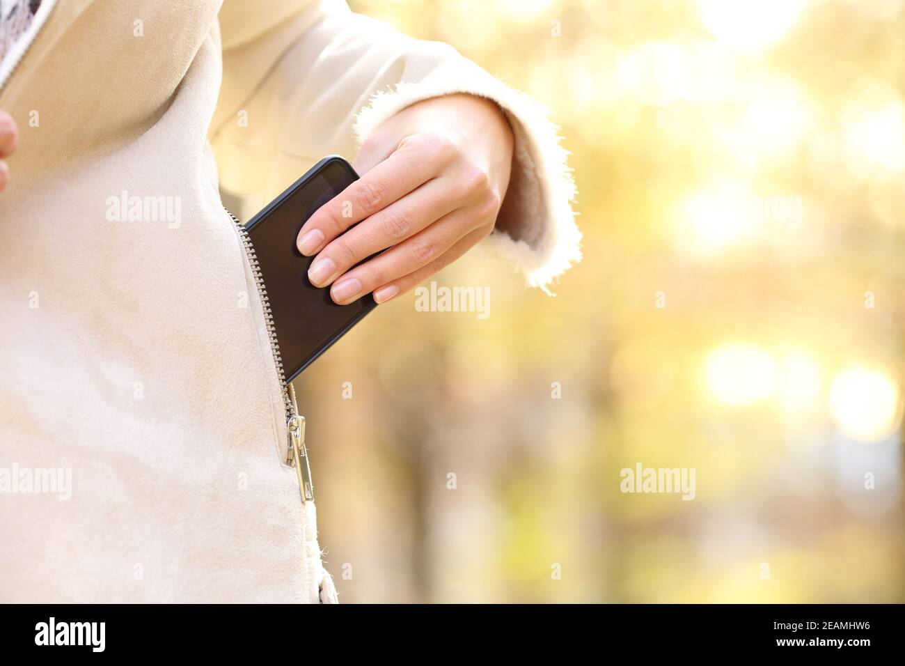 Woman hand keeping phone in a jacket pocket in fall Stock Photo