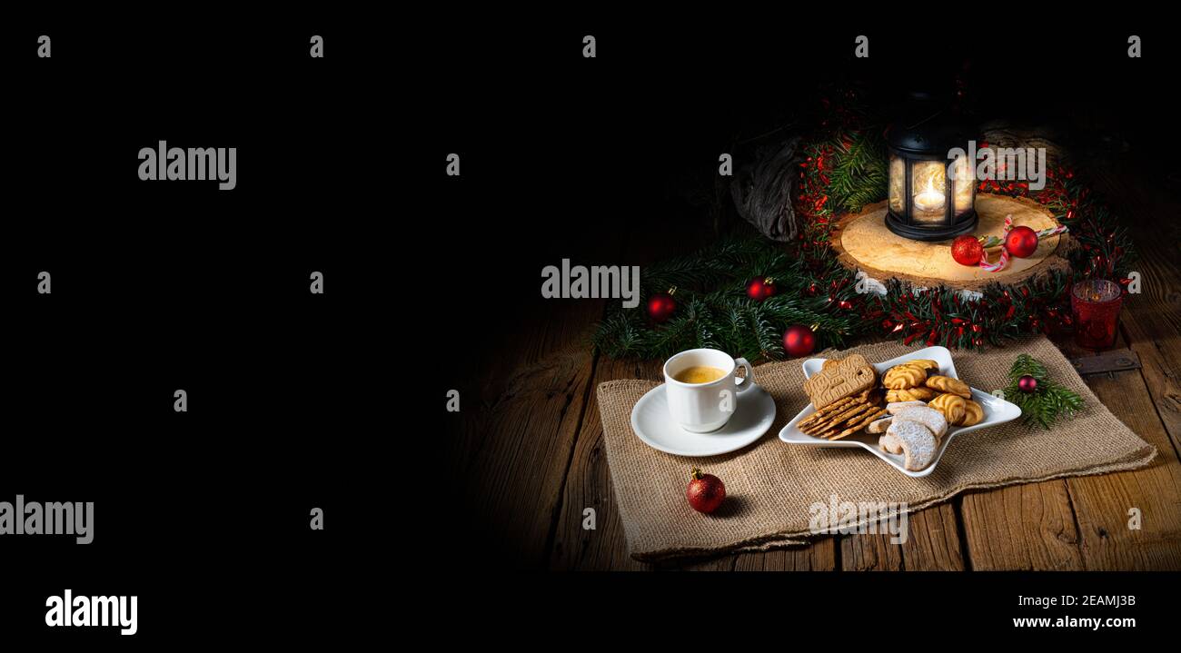 Different types of biscuits with rustic Christmas decorations Stock Photo