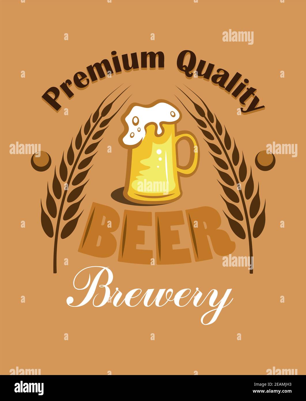 Premium Quality Beer - Brewery label with two ears of wheat or hops flanking an overflowing mug of golden lager with a frothy head on a brown backgrou Stock Vector
