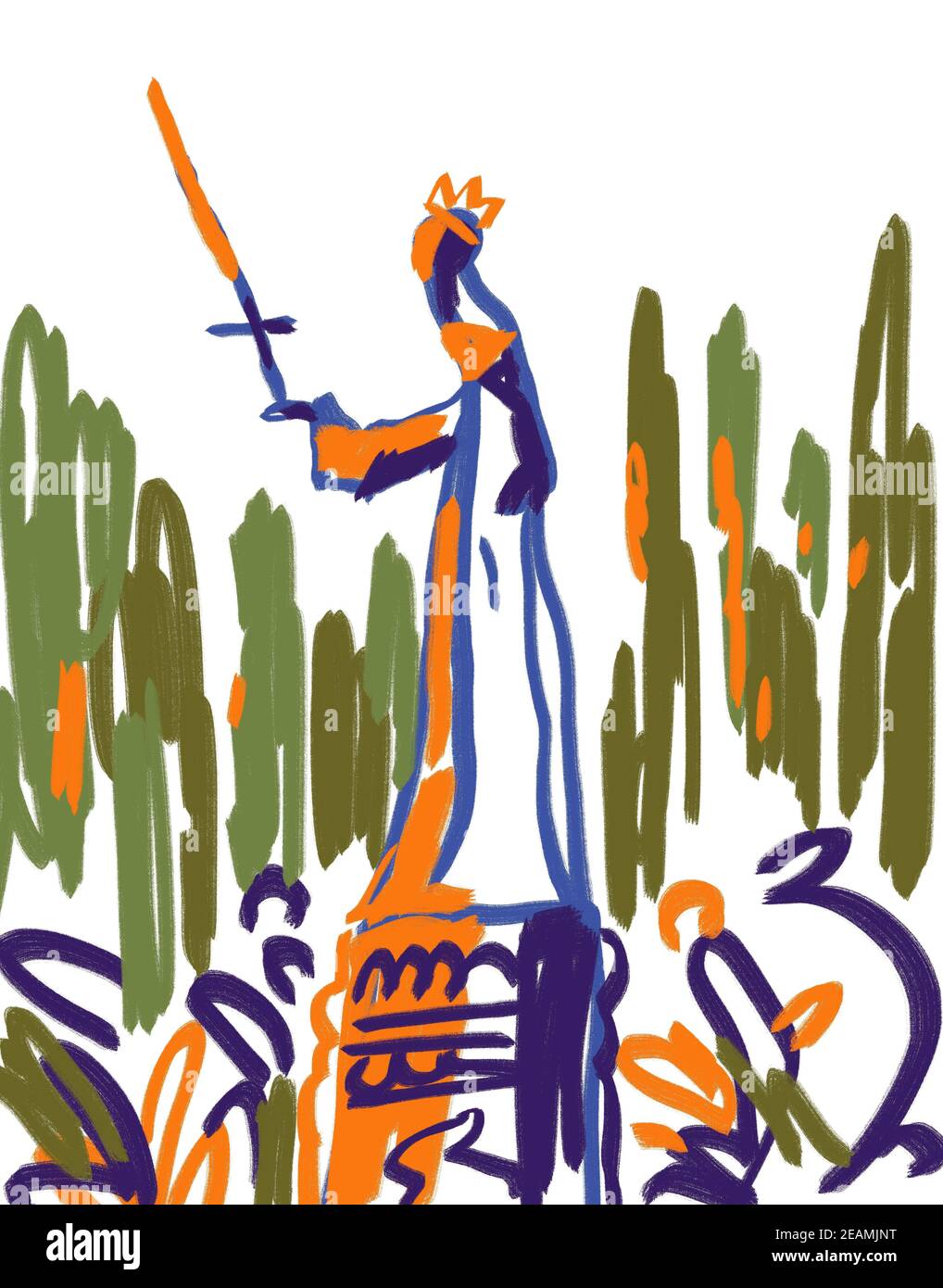 Statue In park. Fauvism and Expressionism color painting sketch. Semi-abstract art. Hand drawn with orange, blue and green on white Stock Photo
