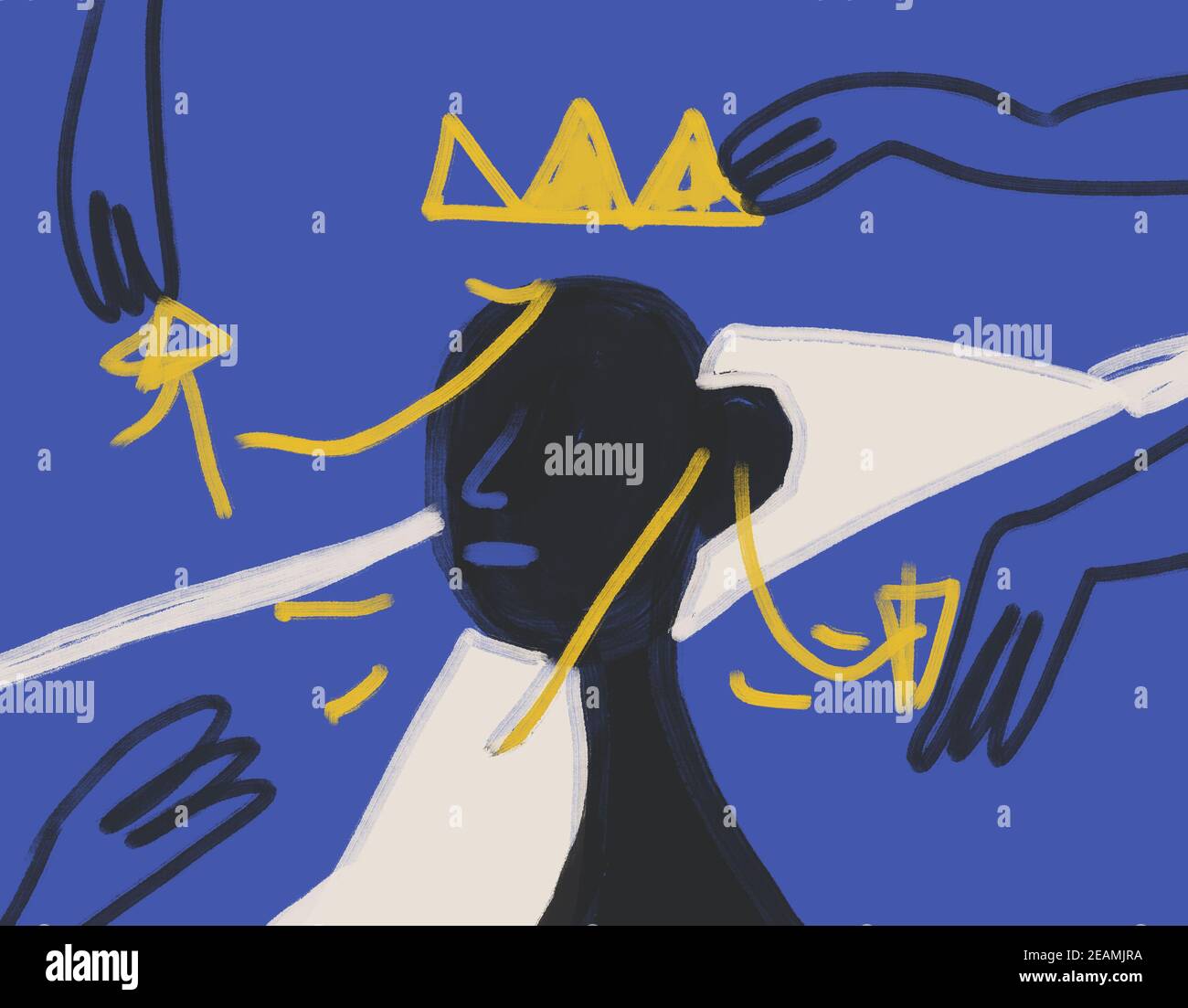 Dress King Portrait with hand and crown. Expressionism Painting and modern abstract art . Basquiat vibe. Art For print and poster Stock Photo