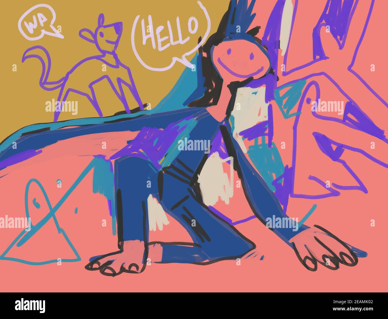 Boys Smiling and say hello. Funny Abstract and post expressionism art. graffiti Draw Like a child Outsider art Stock Photo