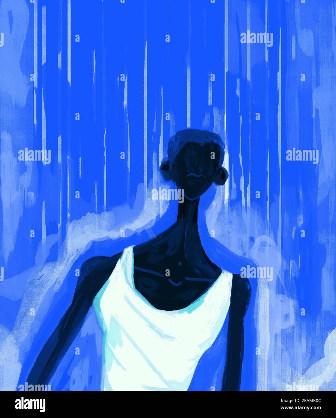 Black man silhouette under rain on blue. Art illustration for print and poster Stock Photo