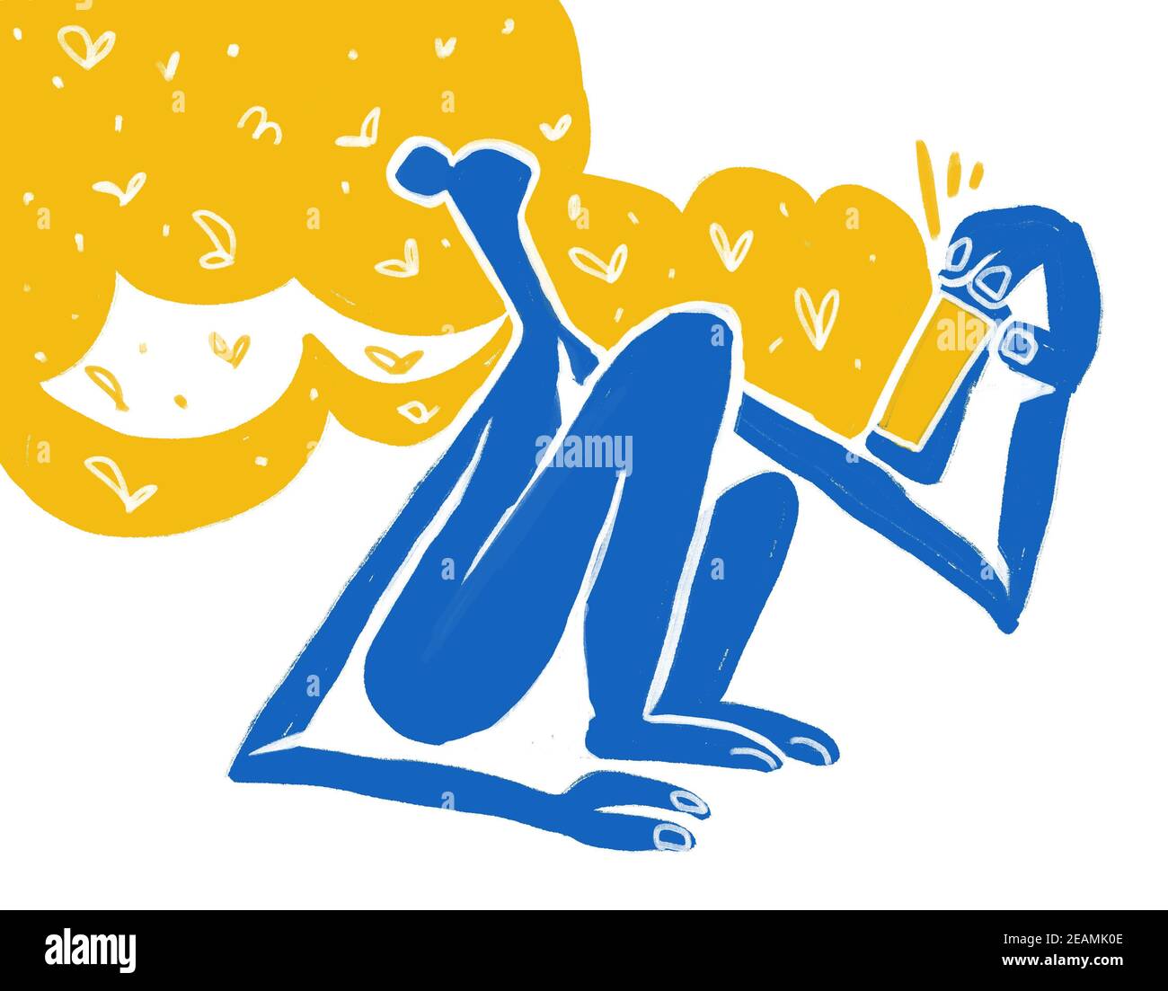 Primitive human siting on floor and taking her phone. modern and trendy illustration. Cut out painting with blue and yellow. Henry Matisse and fauvism vibe Stock Photo