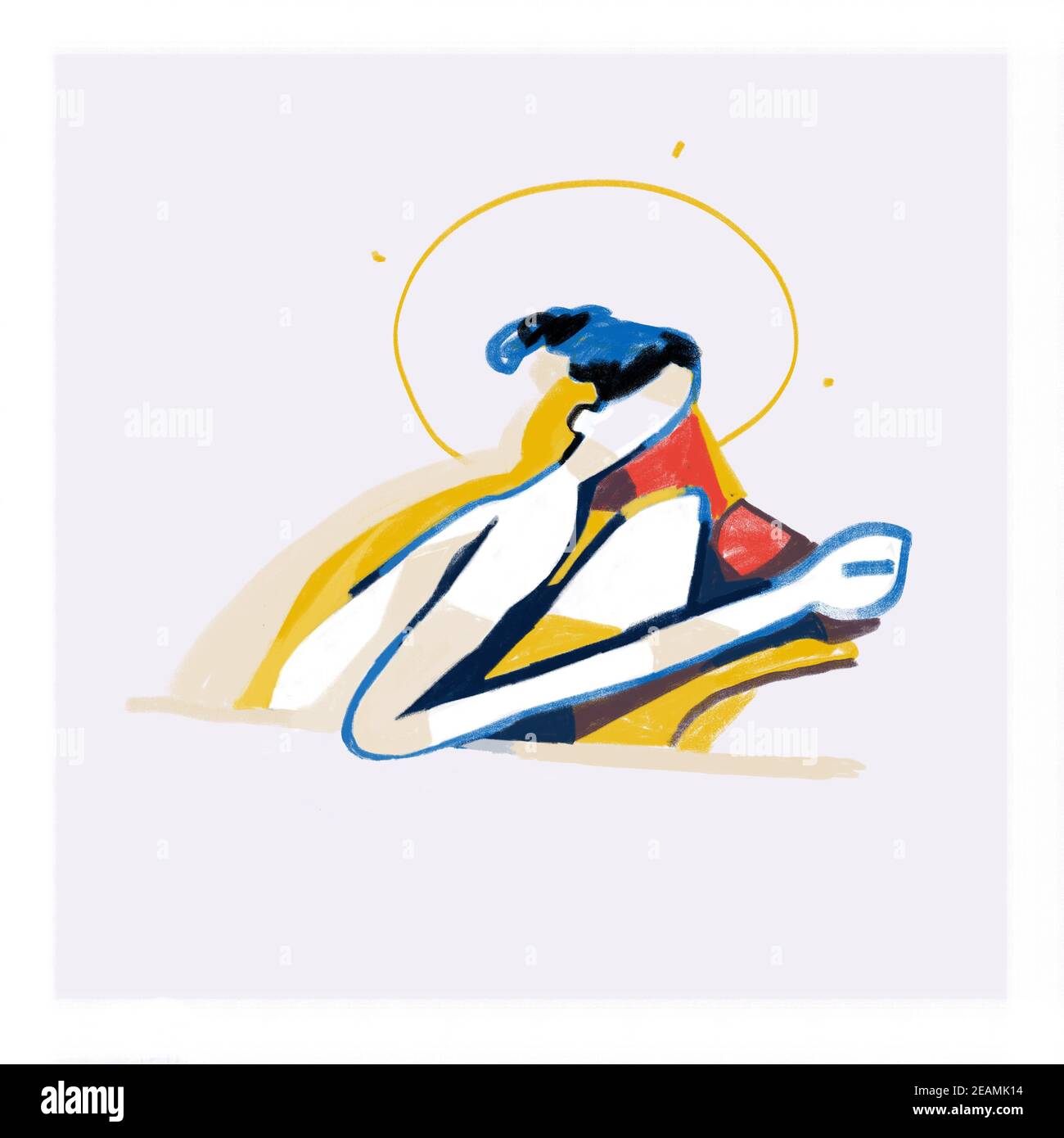 Holiness Woman with line art and color shapes. Modern Painting and Semi Abstract. With Cubism shapes and Pastel Colors. Contemporary art for Print and Poster. Stock Photo